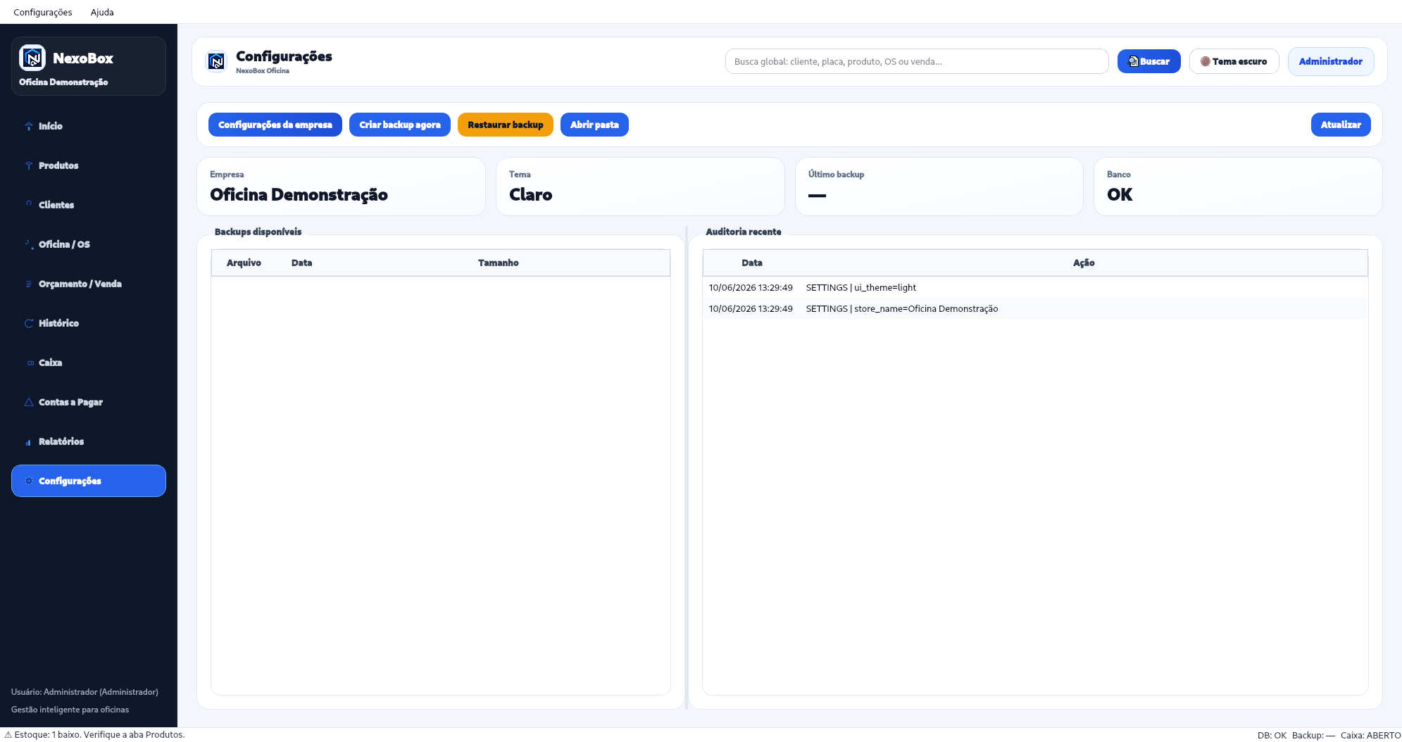 Tela de configurações do NexoBox Oficina