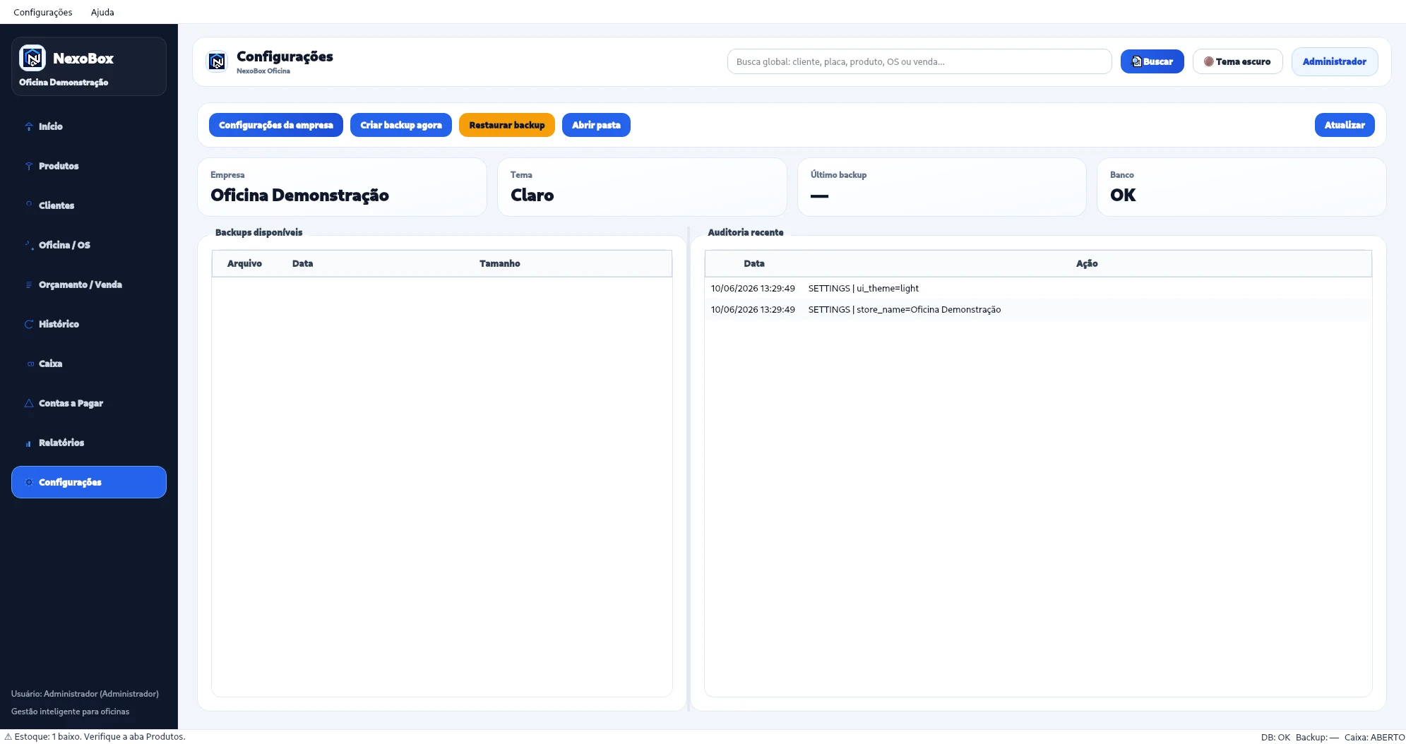 Tela de configurações do NexoBox Oficina