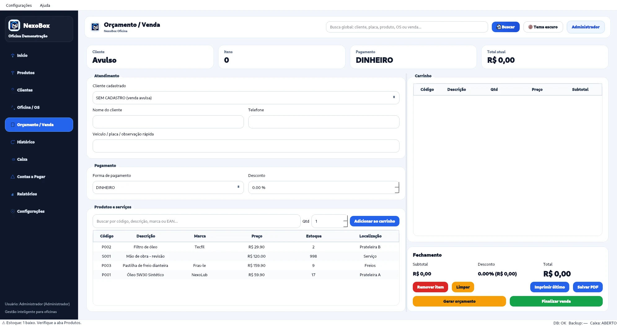 Tela de orçamento e venda do NexoBox Oficina